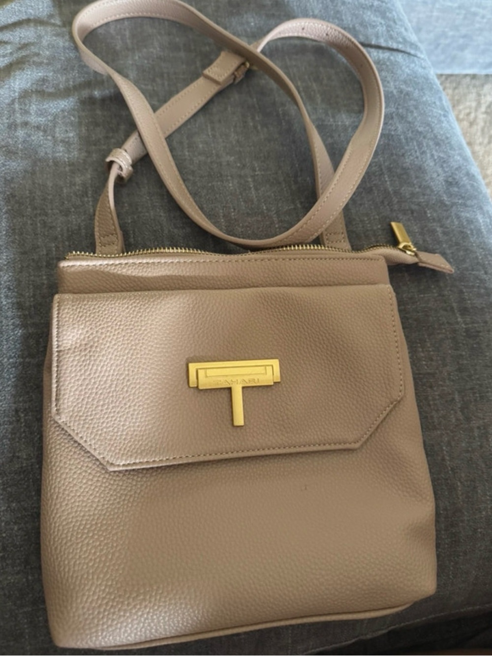 Tahari Taupe Pebbled Leather Crossbody with Gold-Tone Logo